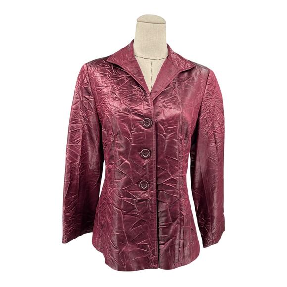 Lafayette 148 New York Jackets & Blazers - Lafayette 148 Burgundy Notched Lapel Long Sleeves Crinkled‎ Jacket Size 4